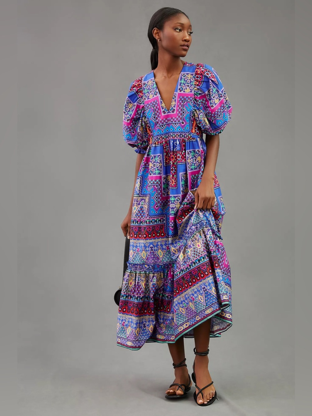 Hunter Bell Multicolor Patchwork Midi Dress in Blue & Purple